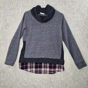 Maurices Women Cowl Neck Top Gray & Plaid Hem Long Sleeve Size S Polyester Blend